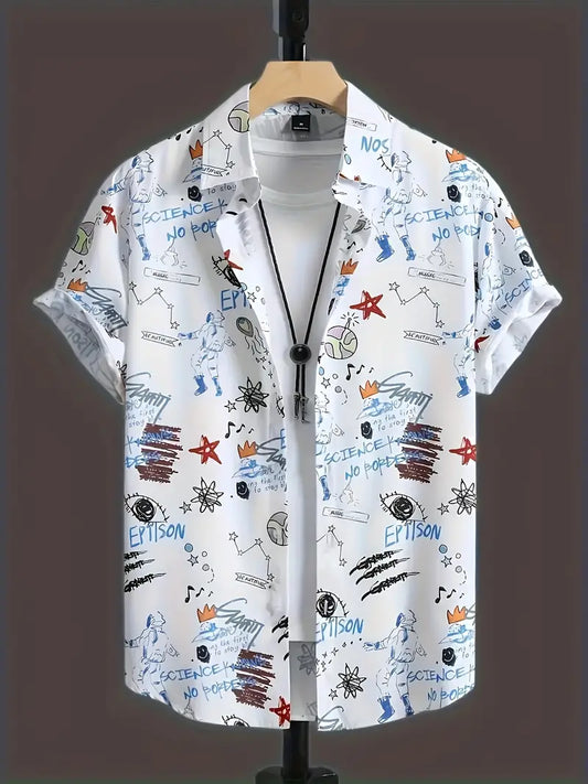 Trendy Graffiti Pattern Men's Color Block Short Sleeve Button Down Lapel Shirt, Comfy Male Shirt For Summer Holiday, Gift For Men