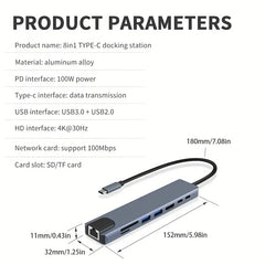 8-in-1 USB C Hub Multiport Adapter, USB-C Hub with 4K Output, 100W Power Delivery, USB 3.0 5Gdps Port, SD/TF Card Reader Adpater, Compatible for MacBook Pro, XPS, Chromebook and More