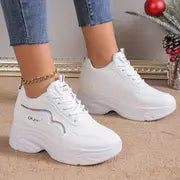 Women's Solid Color Casual Sneakers, Lace Up Soft Sole Platform Sporty Trainers, Heightening Low-top Trendy Shoes