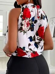 Floral Print Pleated Halter Top, Elegant Sleeveless Mock Neck Top For Summer, Women's Clothing