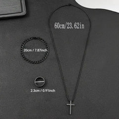 3pcs Men's Stainless Steel Jewelry Set - Elegant Style, with Cross Pendant Necklace, Chain Bracelet, No Inlay - Durable Fashion Accessories