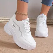 Women's Solid Color Casual Sneakers, Lace Up Soft Sole Platform Sporty Trainers, Heightening Low-top Trendy Shoes