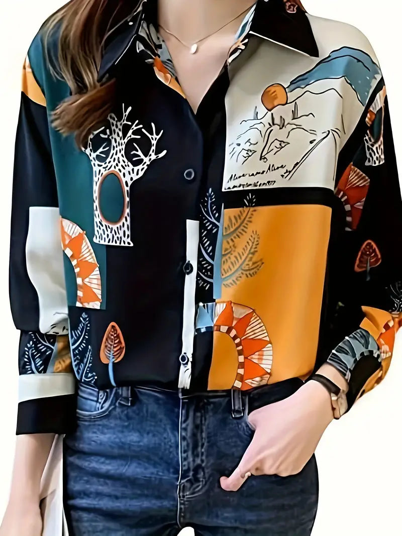 Elegant Printed Long Sleeve Shirt for Women - Polyester Woven Button-Up Polo Collar Shirt with Colorful Plaid Pattern - Adult Fashion for All Seasons