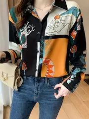 Elegant Printed Long Sleeve Shirt for Women - Polyester Woven Button-Up Polo Collar Shirt with Colorful Plaid Pattern - Adult Fashion for All Seasons