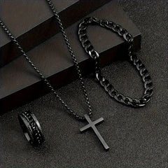 3pcs Men's Stainless Steel Jewelry Set - Elegant Style, with Cross Pendant Necklace, Chain Bracelet, No Inlay - Durable Fashion Accessories