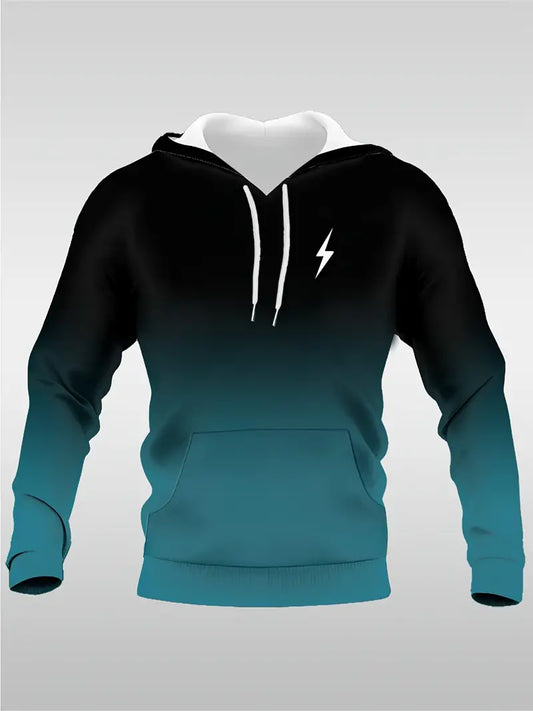 Men's Casual Hoodie with 3D Lightning Print - Stretchy Drawstring, Kangaroo Pocket, Dark Teal Gradient | Polyester & Spandex Blend | Machine Washable