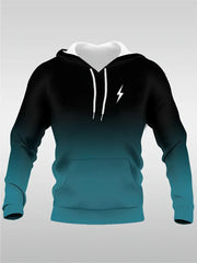 Men's Casual Hoodie with 3D Lightning Print - Stretchy Drawstring, Kangaroo Pocket, Dark Teal Gradient | Polyester & Spandex Blend | Machine Washable