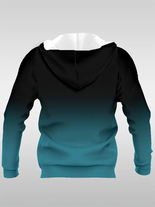 Men's Casual Hoodie with 3D Lightning Print - Stretchy Drawstring, Kangaroo Pocket, Dark Teal Gradient | Polyester & Spandex Blend | Machine Washable