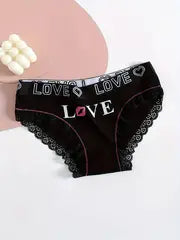 5pcs Contrast Lace Letter Print Briefs, Comfy & Breathable Scallop Trim Panties, Women's Lingerie & Underwear