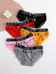 5pcs Contrast Lace Letter Print Briefs, Comfy & Breathable Scallop Trim Panties, Women's Lingerie & Underwear