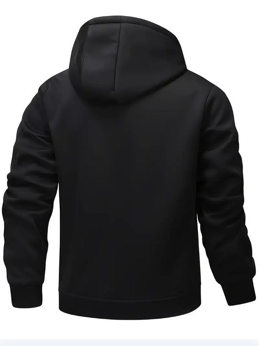 Men'S Casual Hooded Fleece-Lined Jacket with Zipper Details, Solid Color Knit Fabric Fall/Winter Outerwear, Regular Fit Long Sleeve Polyester Jacket with Slight Stretch