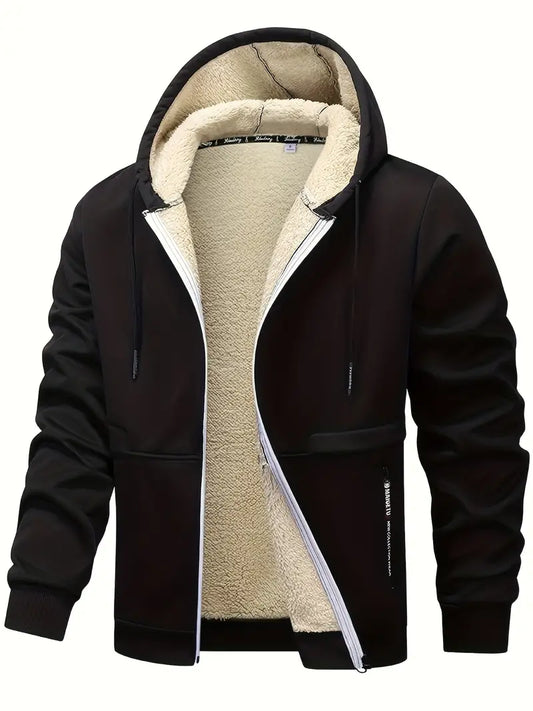 Men'S Casual Hooded Fleece-Lined Jacket with Zipper Details, Solid Color Knit Fabric Fall/Winter Outerwear, Regular Fit Long Sleeve Polyester Jacket with Slight Stretch