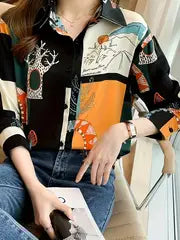 Elegant Printed Long Sleeve Shirt for Women - Polyester Woven Button-Up Polo Collar Shirt with Colorful Plaid Pattern - Adult Fashion for All Seasons