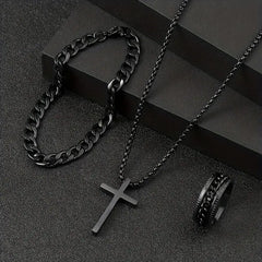 3pcs Men's Stainless Steel Jewelry Set - Elegant Style, with Cross Pendant Necklace, Chain Bracelet, No Inlay - Durable Fashion Accessories