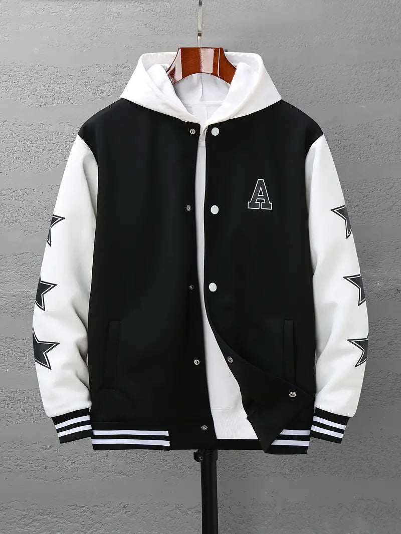 Plus Size Men's Letter "A" Print Raglan Baseball Jacket Oversized Fashion Band Collar Contrast Collar Jacket For Autumn/winter, Men's Clothing