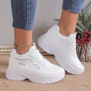 Women's Solid Color Casual Sneakers, Lace Up Soft Sole Platform Sporty Trainers, Heightening Low-top Trendy Shoes