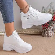 Women's Solid Color Casual Sneakers, Lace Up Soft Sole Platform Sporty Trainers, Heightening Low-top Trendy Shoes